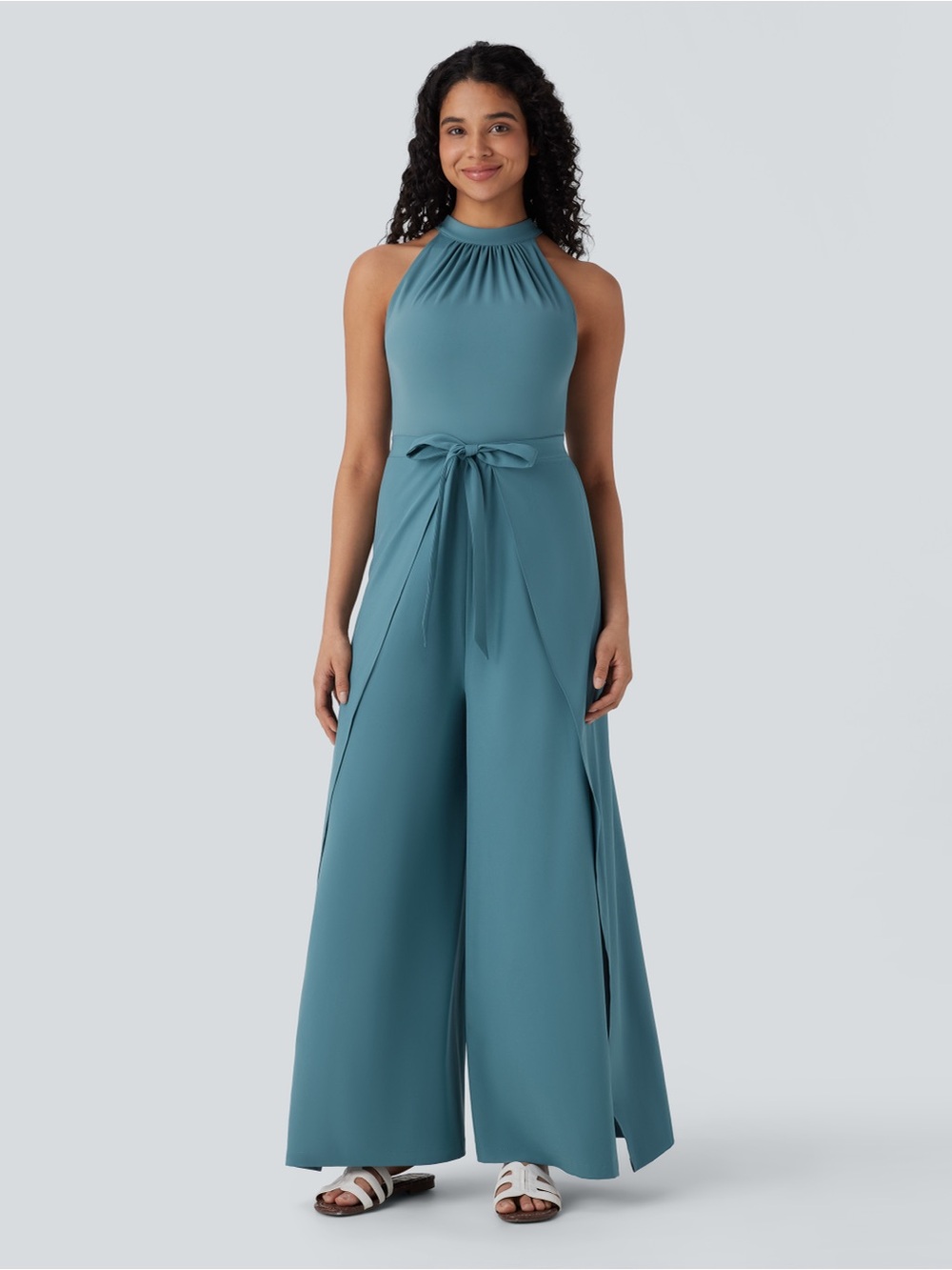 HALARA Teal Halter Wide-Leg Jumpsuit with Self-Tie Waist